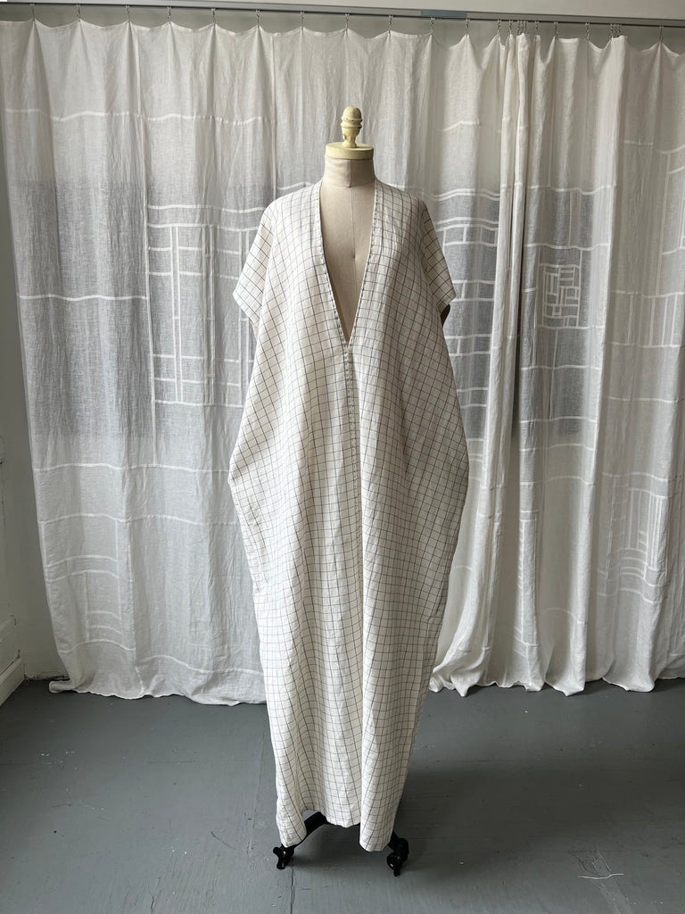 Natural V-Neck Grid Caftan Dress