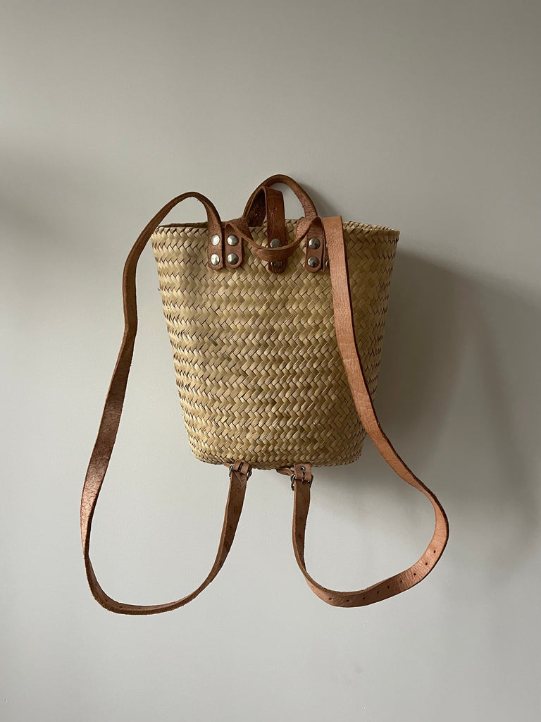 Woven Staw and Leather Backpack